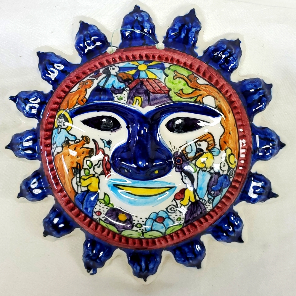 Mexican handmade folk art Talavera artist signed sun face wall art